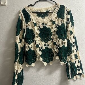 Rebellion Crochet Floral Blouse in Cream and Green